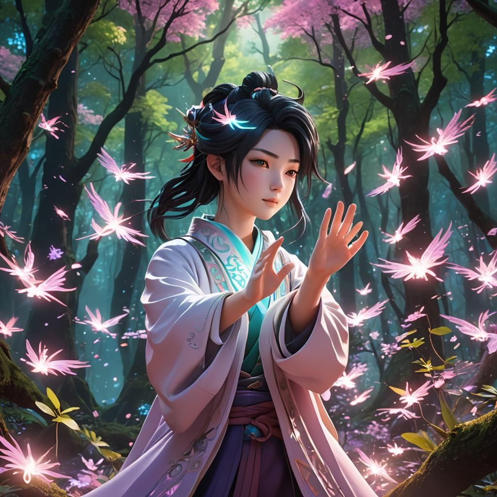 Mystical Anime Character Awakening Powers in Forest