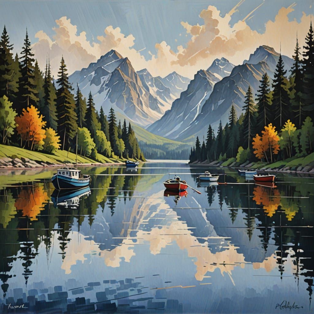 Painting of boats on a lake using big wide flat brush stroke...