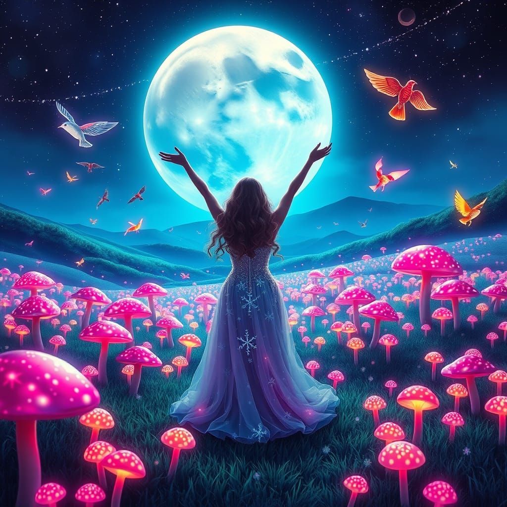 Mariah Carey in Bioluminescent Mushroom Field Under Iridesce...