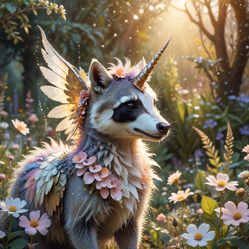 Winged Raccoon Fairy Tending Garden in Impressionistic Style