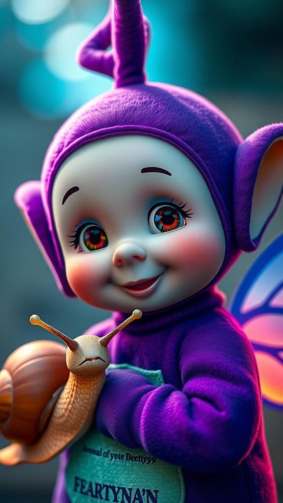 Cartoon Teletubby with Snail Companion in Vibrant Colors