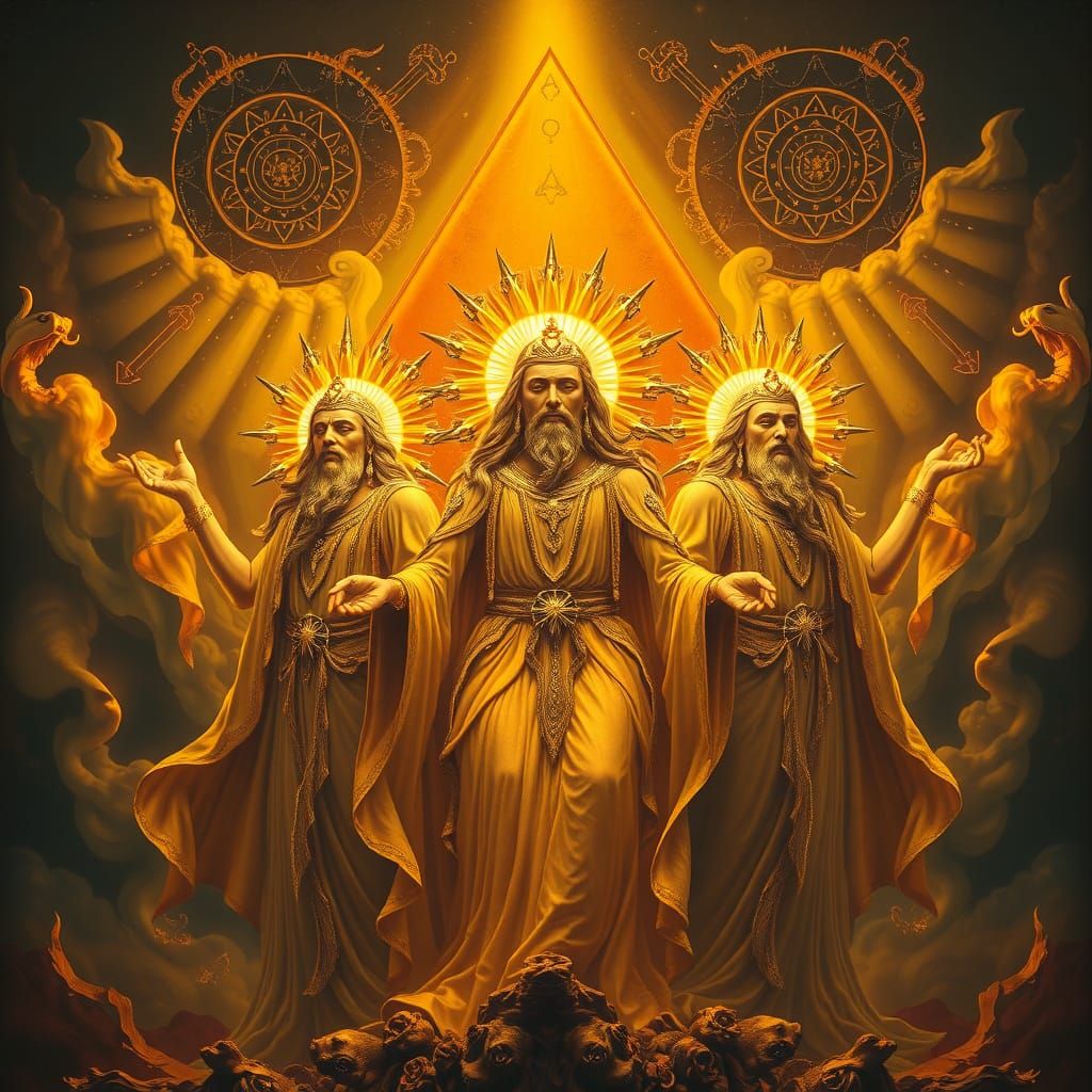 Surreal Solar Deities in Majestic Golden Light