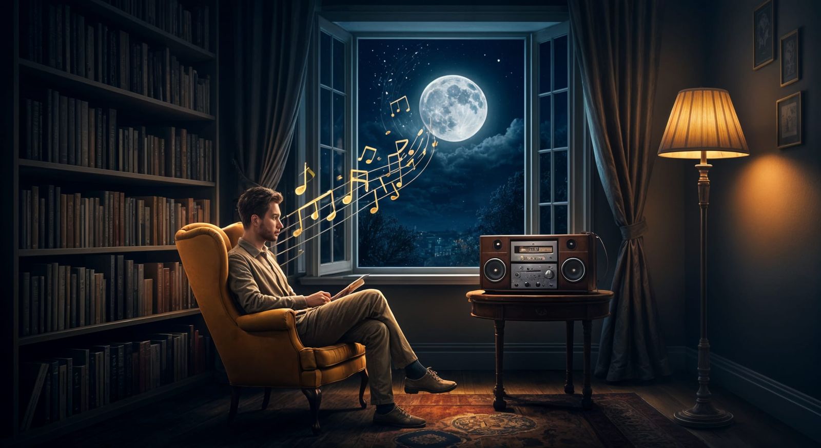 Man Listening to Music Under Moonlight, Digital Painting