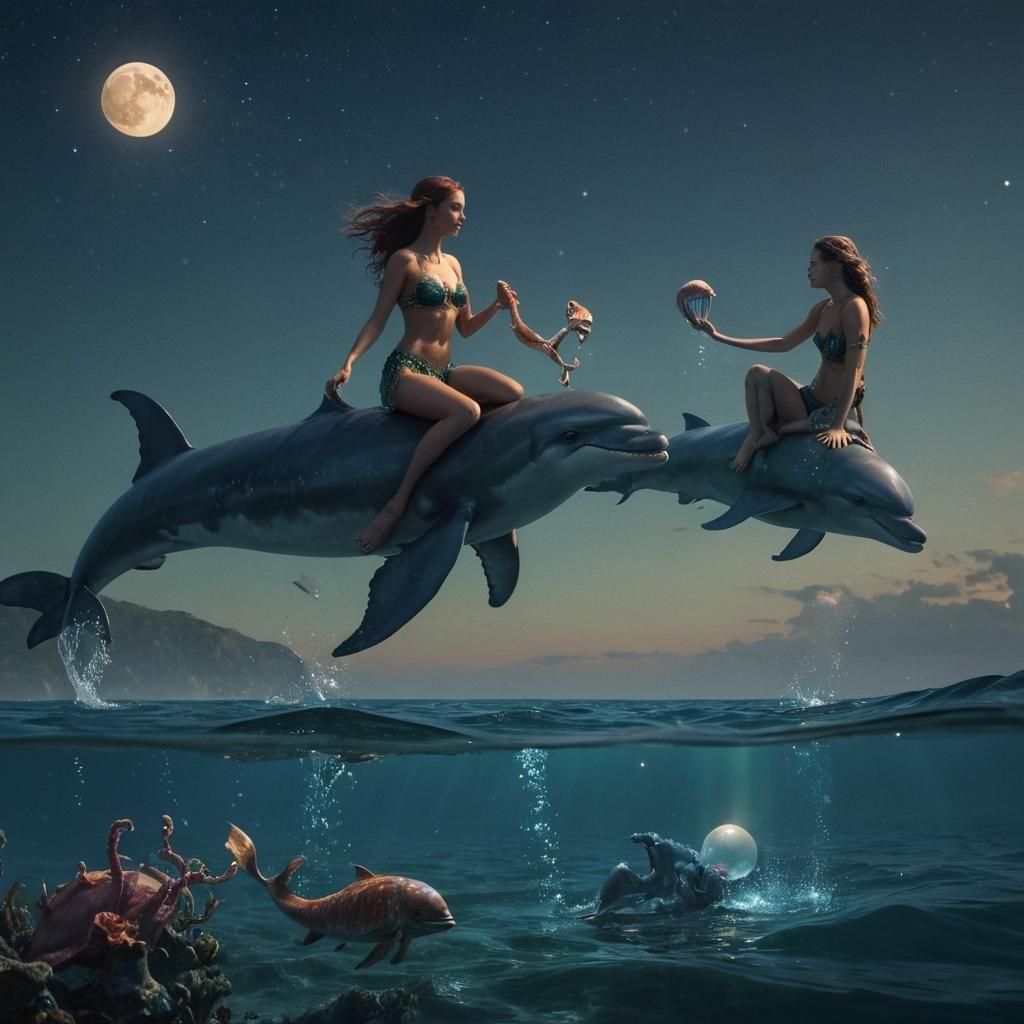 Mermaids Play Under Starry Sky: Fantasy Concept Art