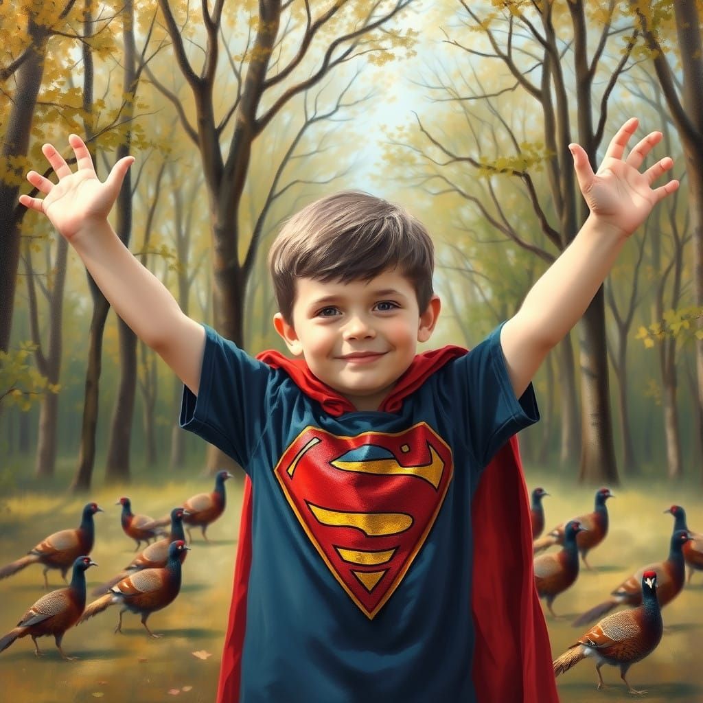 Boy Soars as Superhero Amid Whimsical Woodland Scene in Oil....