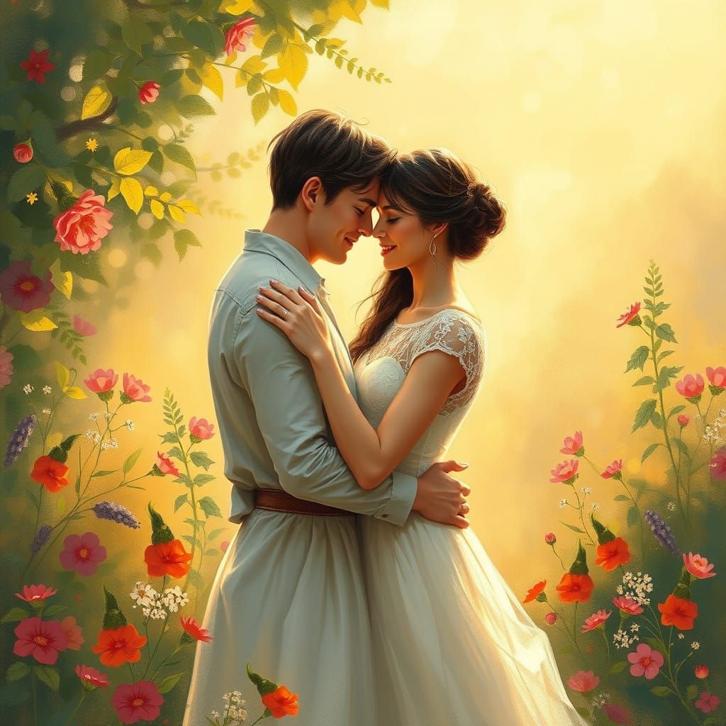 Romantic Couple Embracing in Golden Light, Surrounded by Lus...