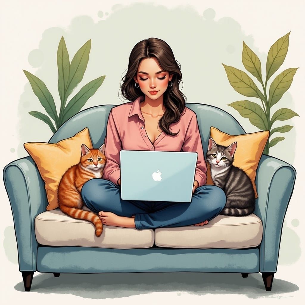 Woman with Kittens: Whimsical Pastel Vector Art