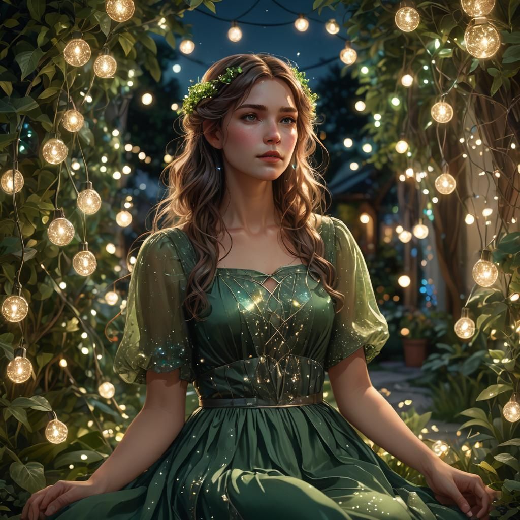 Woman in Green Dress Portrait with Fairy Lights