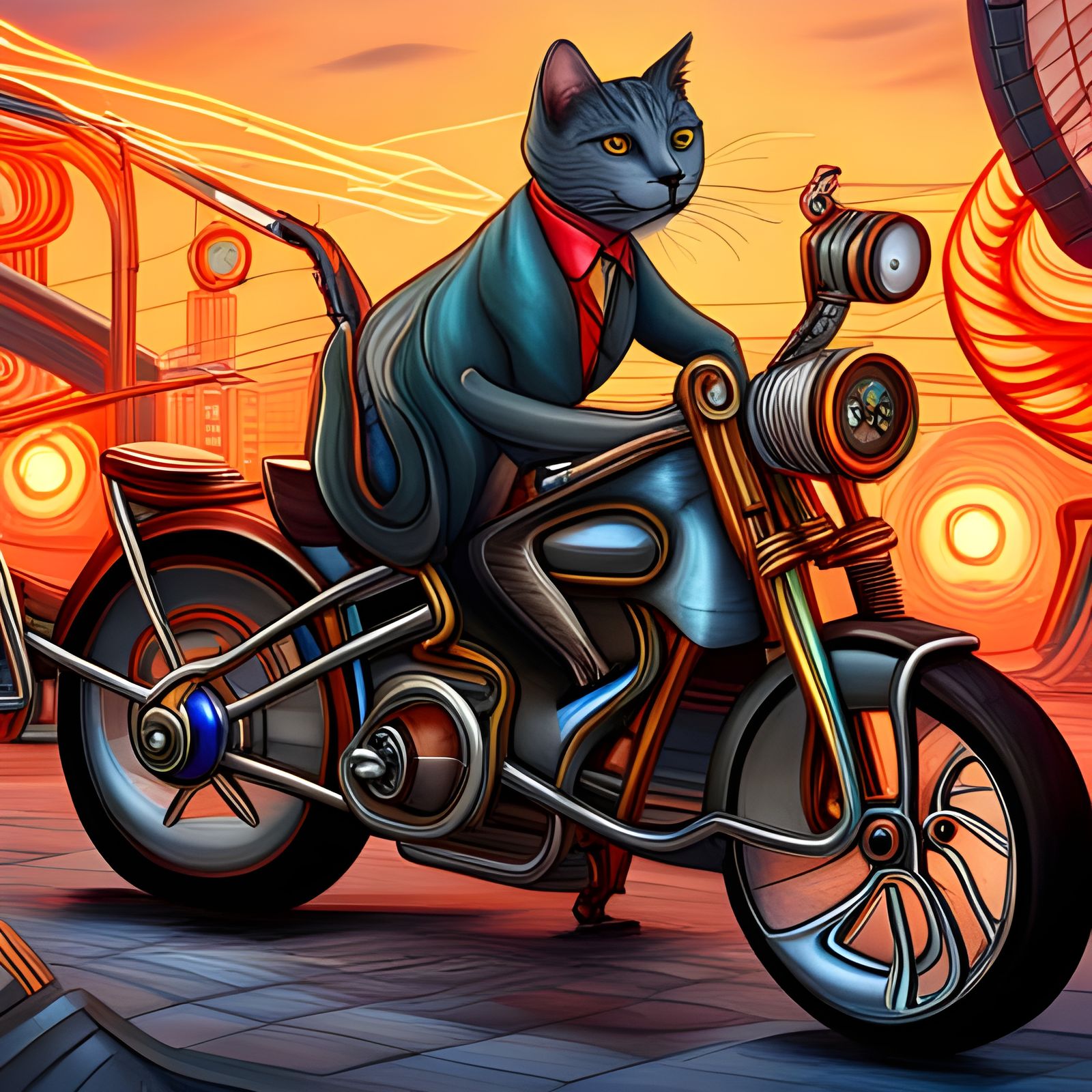 Steampunk Cat Rides Brass Motorcycle