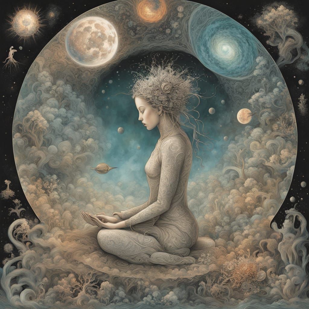 Bioluminescent Meditating Figure in Psychedelic Space