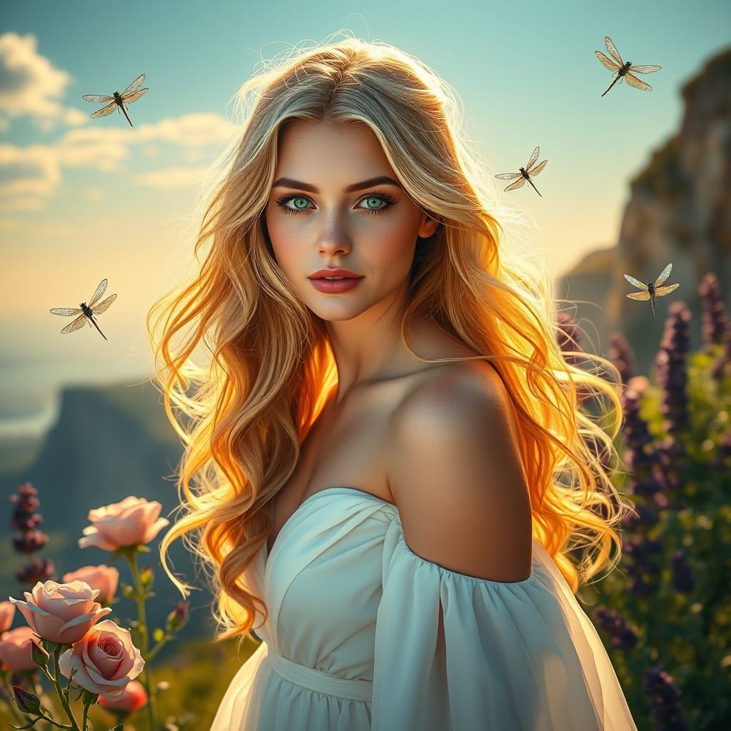 Woman in Meadow with Dragonflies: Hyperrealistic Portrait