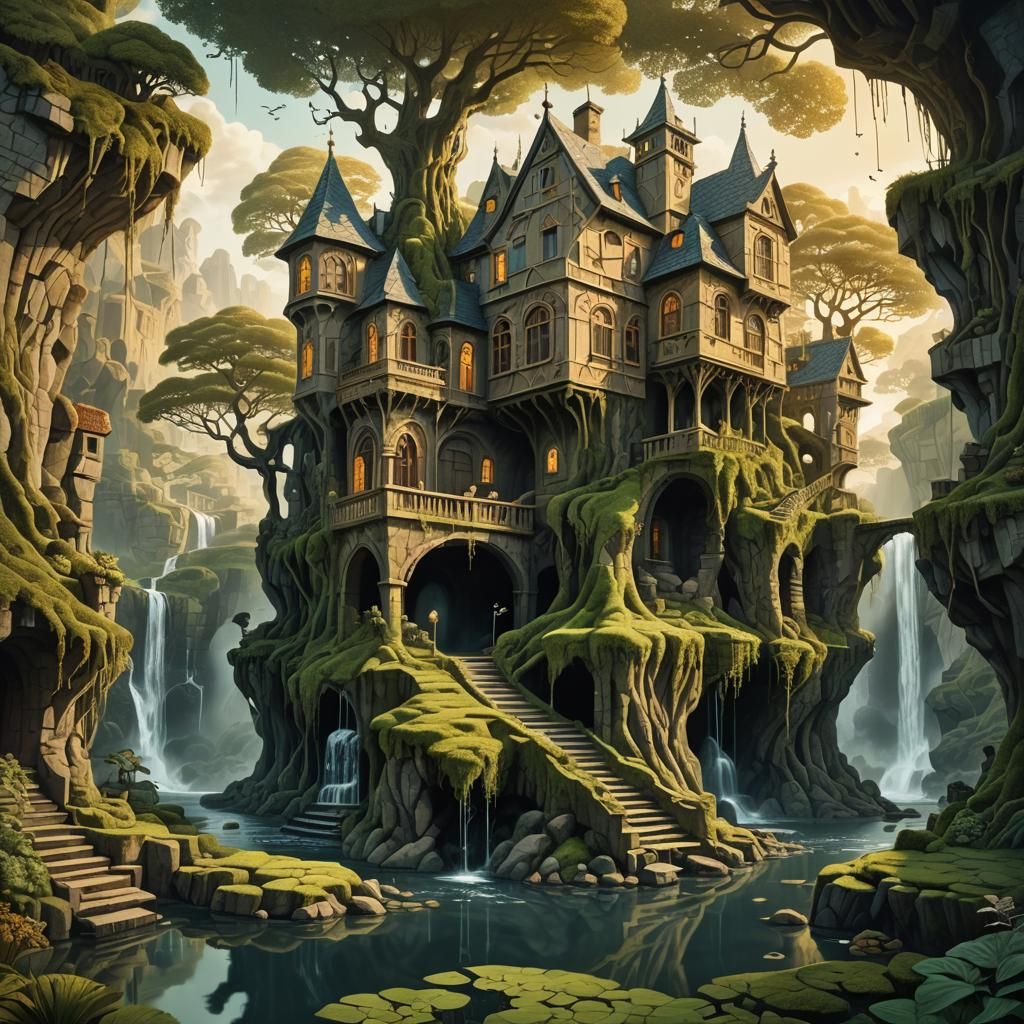 A stunning scene of an incredible impossible haunted archite...