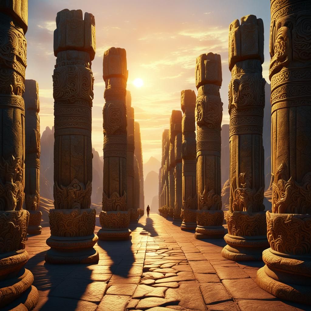 Dragon Carved Pillars Bathed in Golden Light