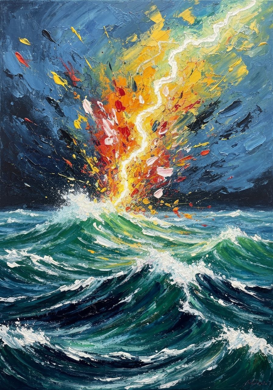 Abstract Expressionist Thunderstorm Over Turbulent Ocean