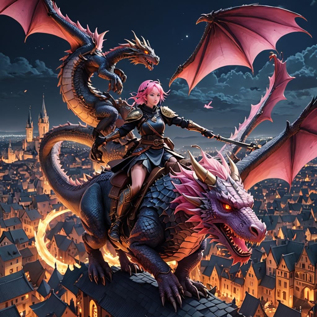 A Girl Riding a Dragon In a Medieval City