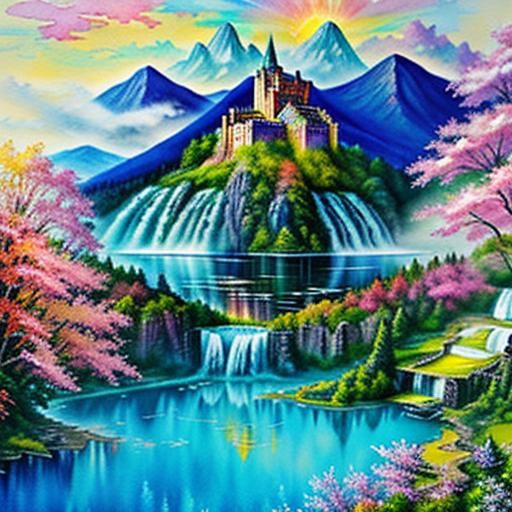 Fantasy Castle with Dragons, Impressionistic Watercolor