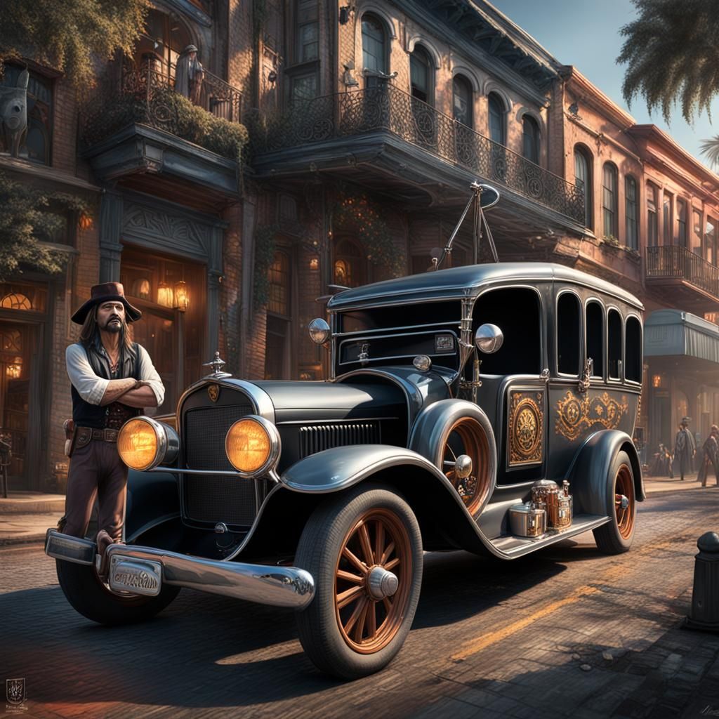 Hippie Pirate with Hot Rod Hearse, Matte Painting