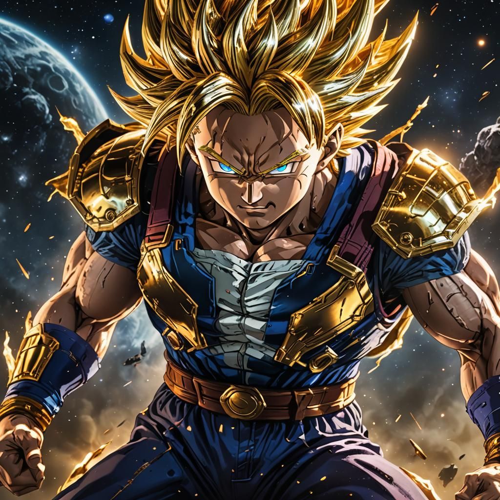 Golden Super Saiyan Trunks in Space: Hyperrealistic