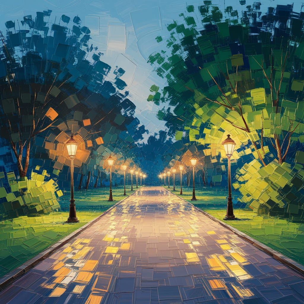Impressionistic Summer Night Alley with Glowing Lamps