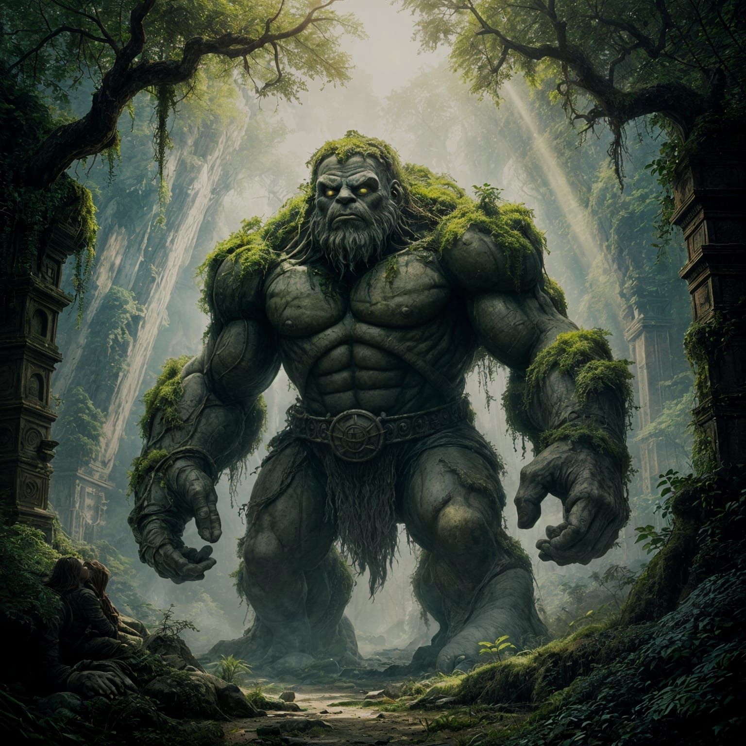 Ancient Stone Golem in Nature Reclaimed City