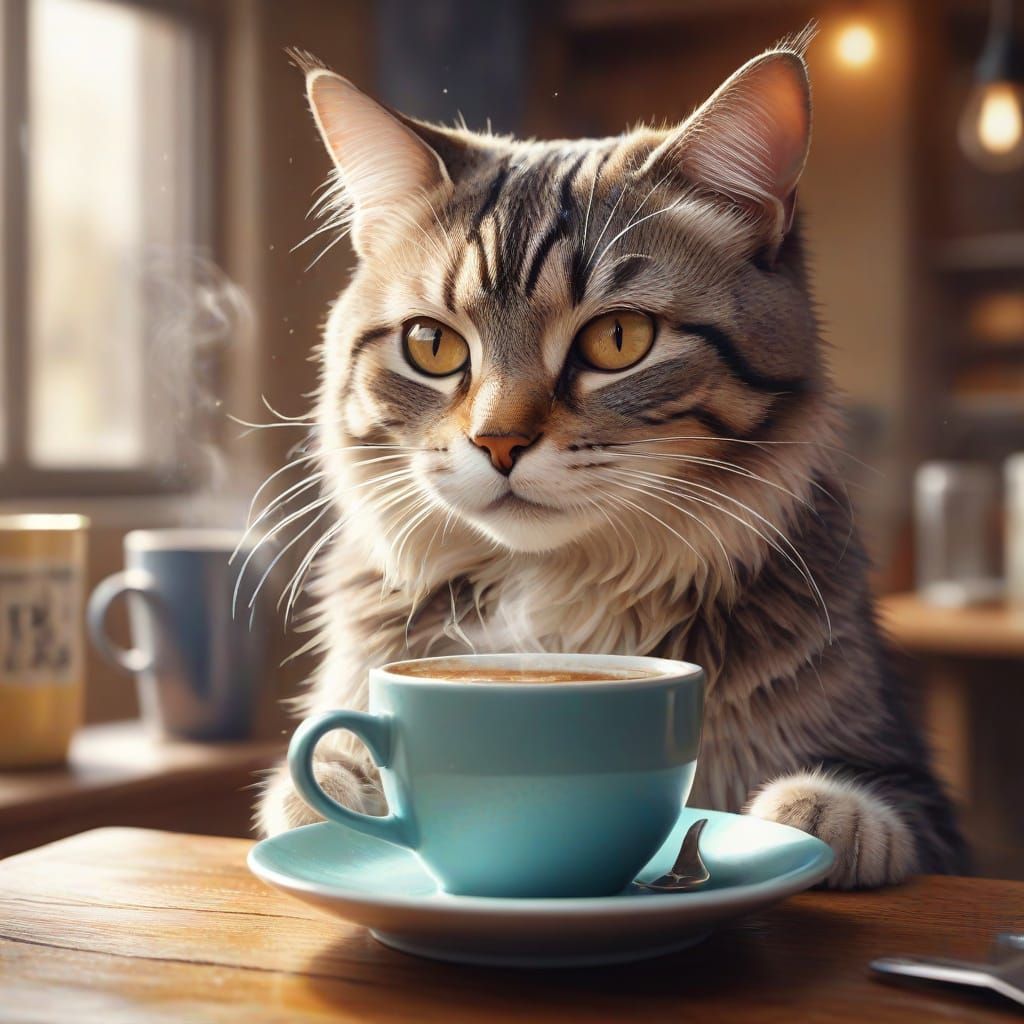 Sci-Fi Cat Enjoying Coffee in Watercolor Style