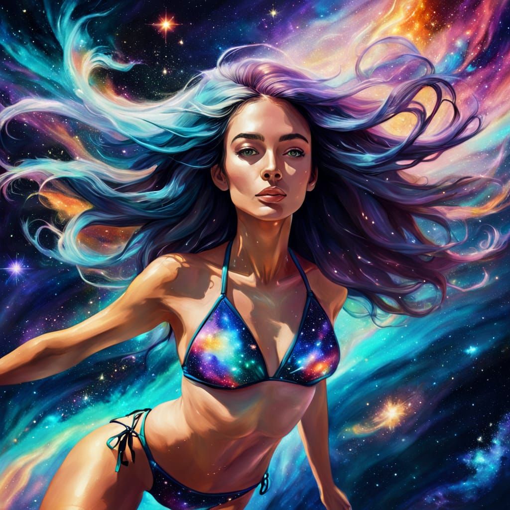 Surreal Young Woman Flies Through Cosmos in Oil Painting