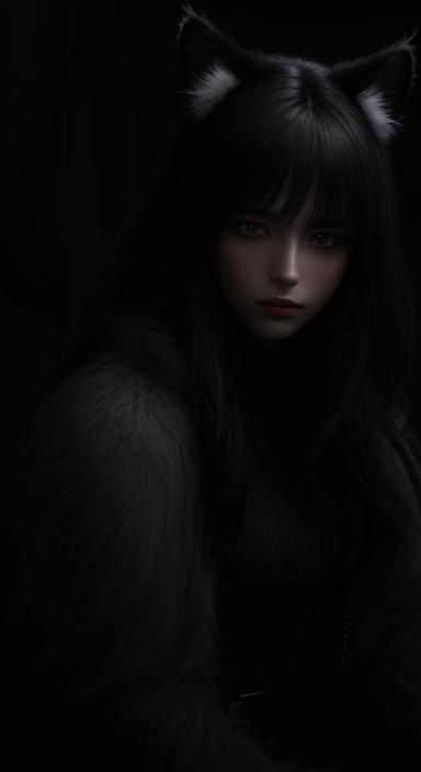 Dramatic Night Portrait with Fur Cat Ears