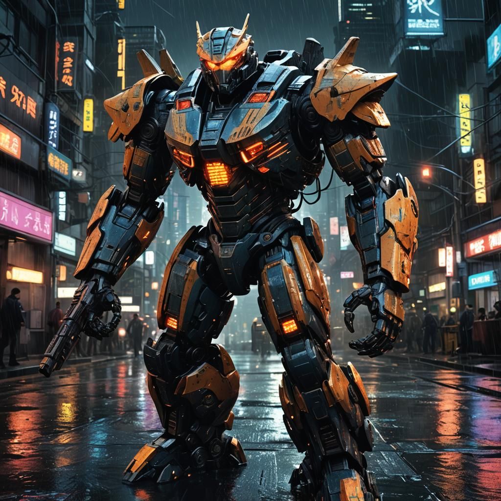 Hyperdetailed Pacific Rim Jaeger in Dark Cityscape
