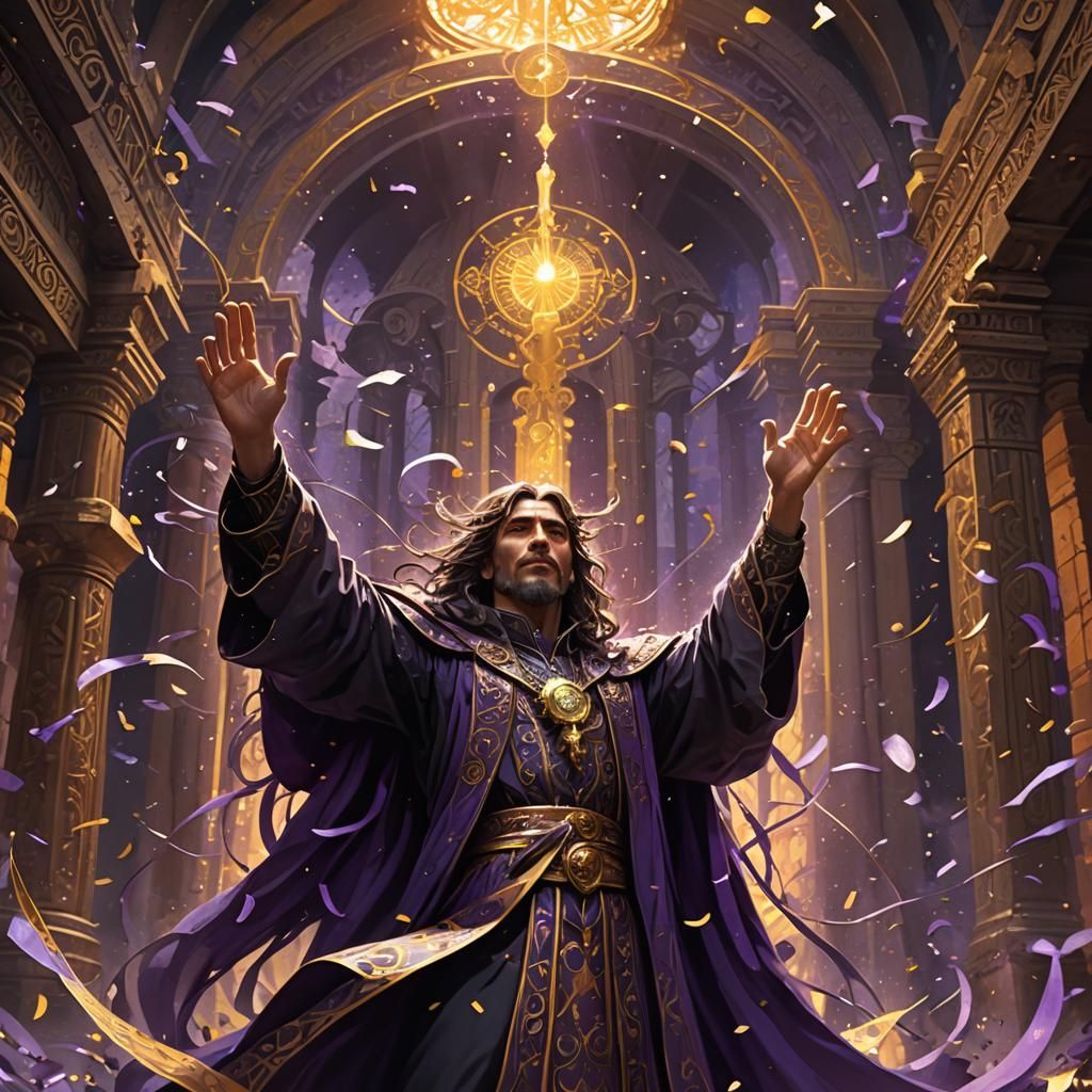 Confetti Sorcerer in Ancient Temple, Dark Fantasy Art