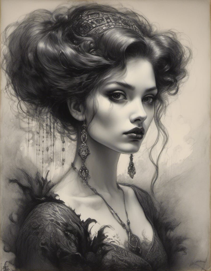 Goth Plus-Size Model in Charcoal Drawing Portrait