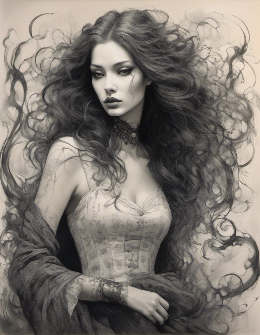 Gothic Plus-Size Pin-Up in Charcoal Drawing Portrait