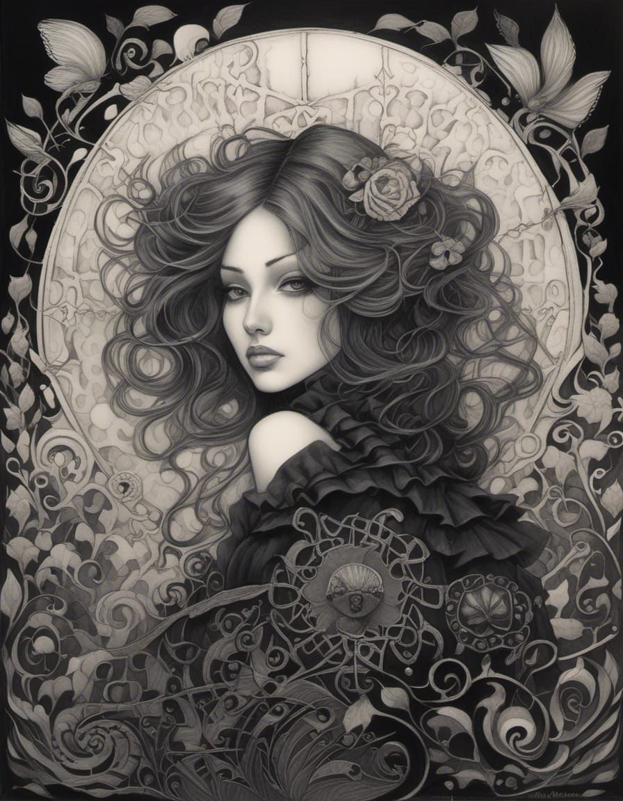 Gothic Tattooed Pin-Up in Charcoal Drawing Style