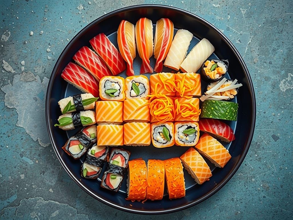 Sushi Rolls on Weathered Stone in Vibrant Colors