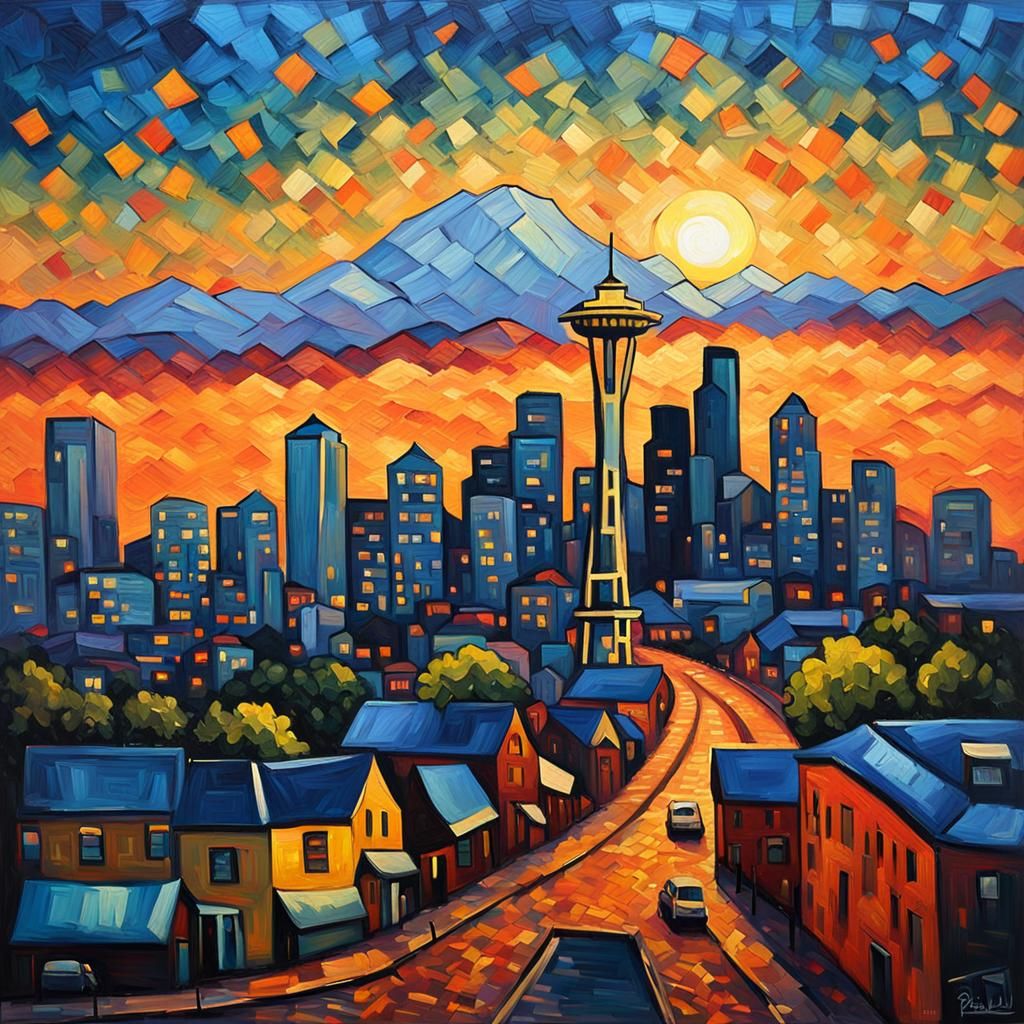 Seattle Sunset: Neo-Impressionist Expressionist Oil Painting