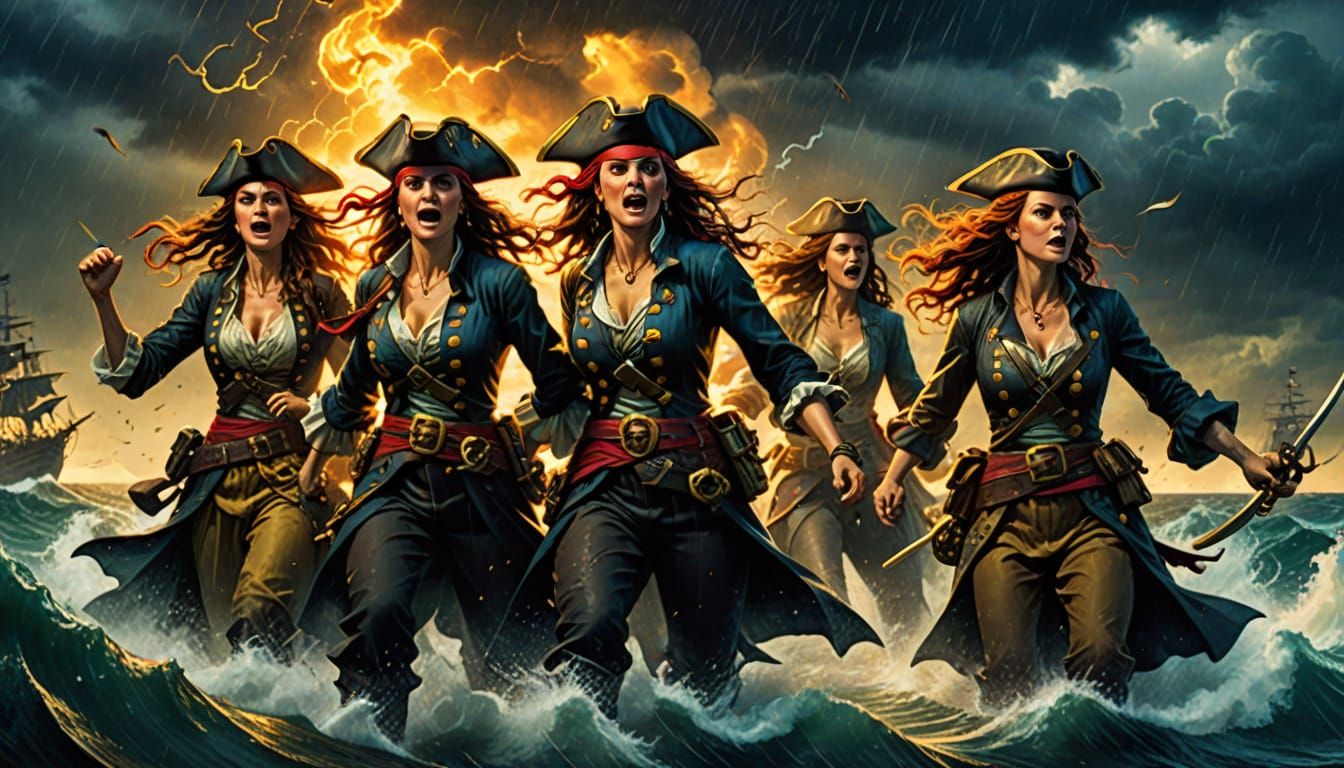 Pirate Women Clash on Stormy Seas in Comic Book Style