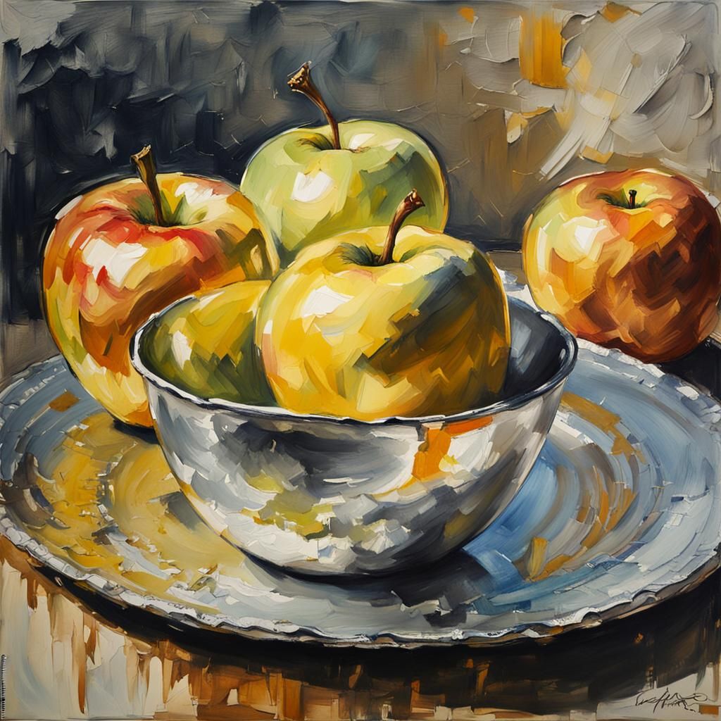 Golden Apple on Silver Plate as Gouache Painting
