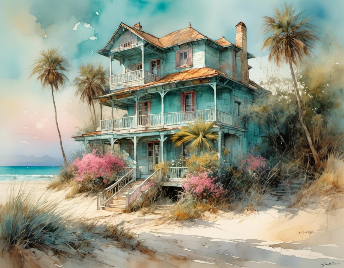 Charming Beach House: Watercolor Painting in Tropical Style