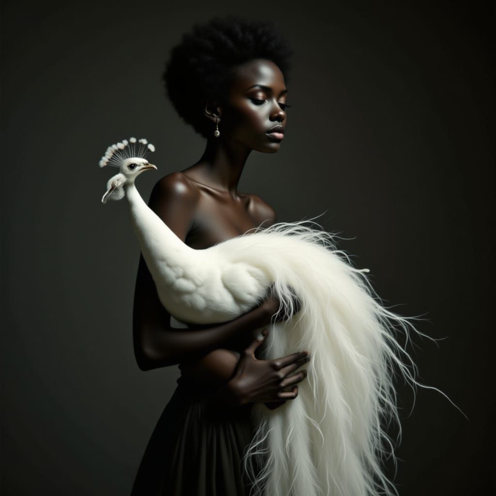 Graceful Woman Cradling White Peacock in Oil Painting Style