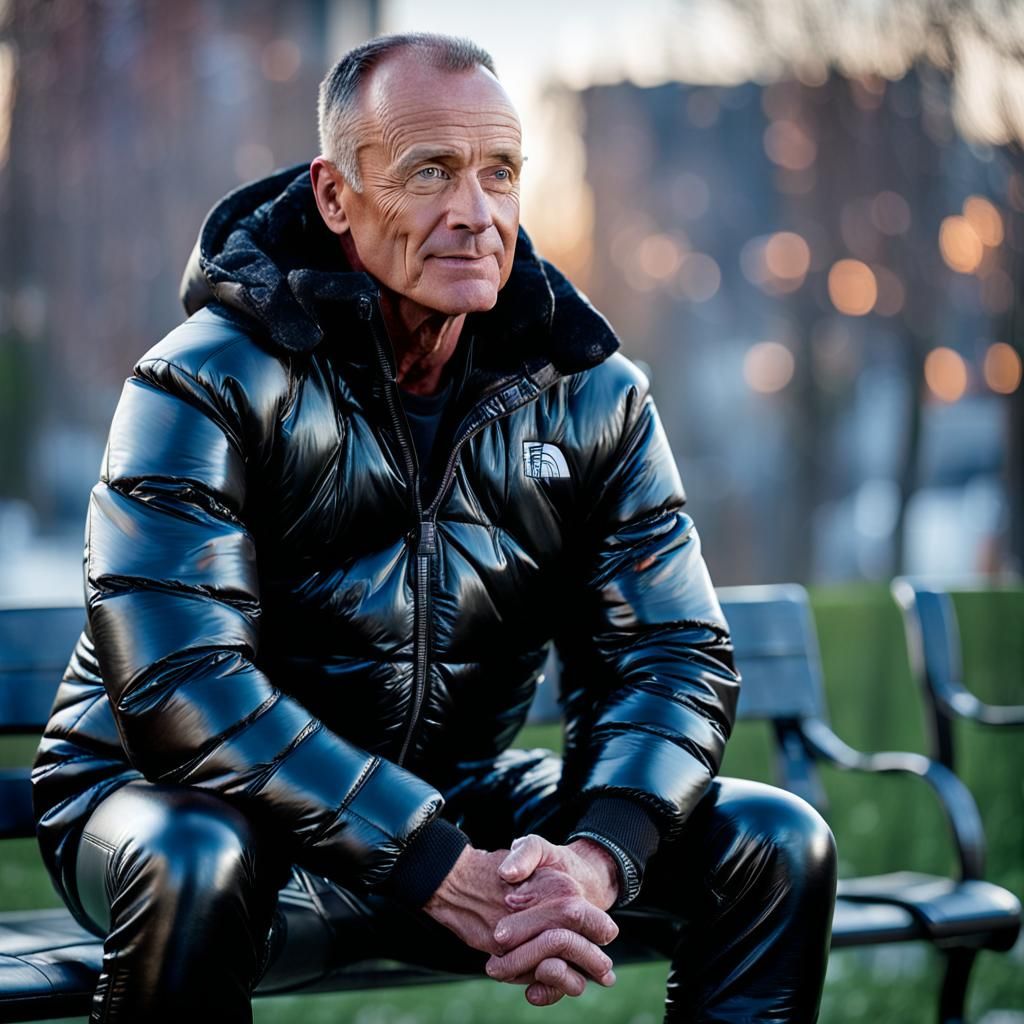 Muscular Man in Leather and Puffer Jacket