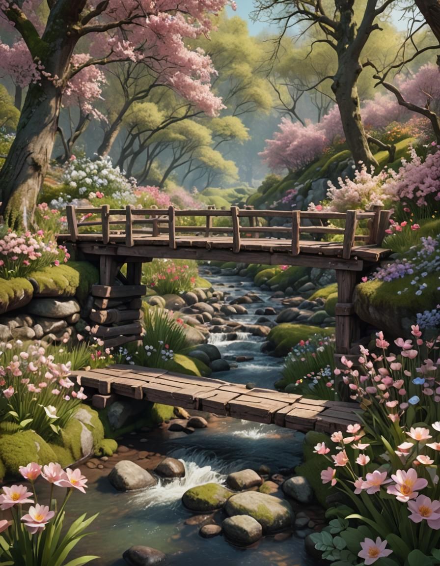 Old Timber Bridge with Spring Flowers, Matte Painting