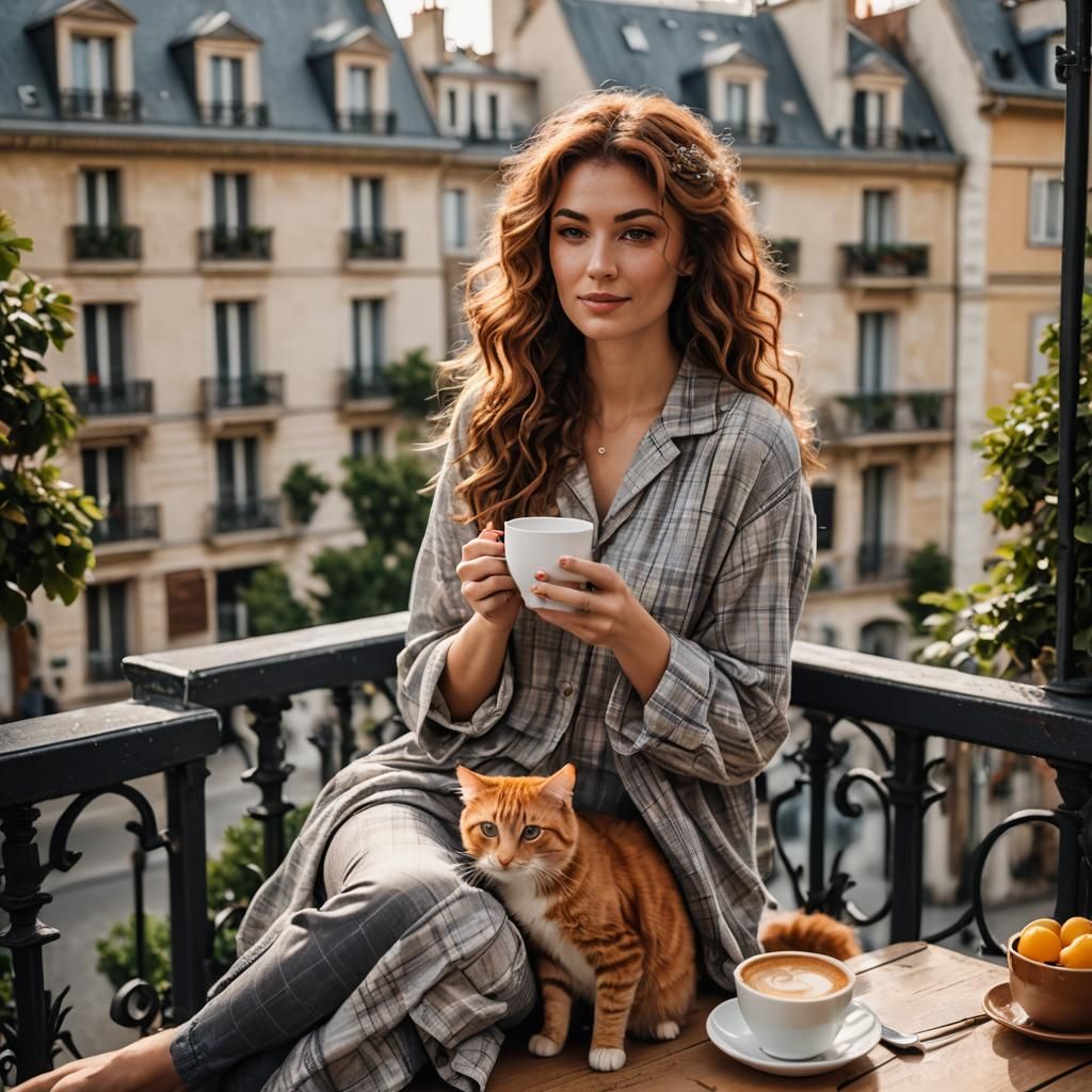 Young Woman and Cat on Parisian Balcony