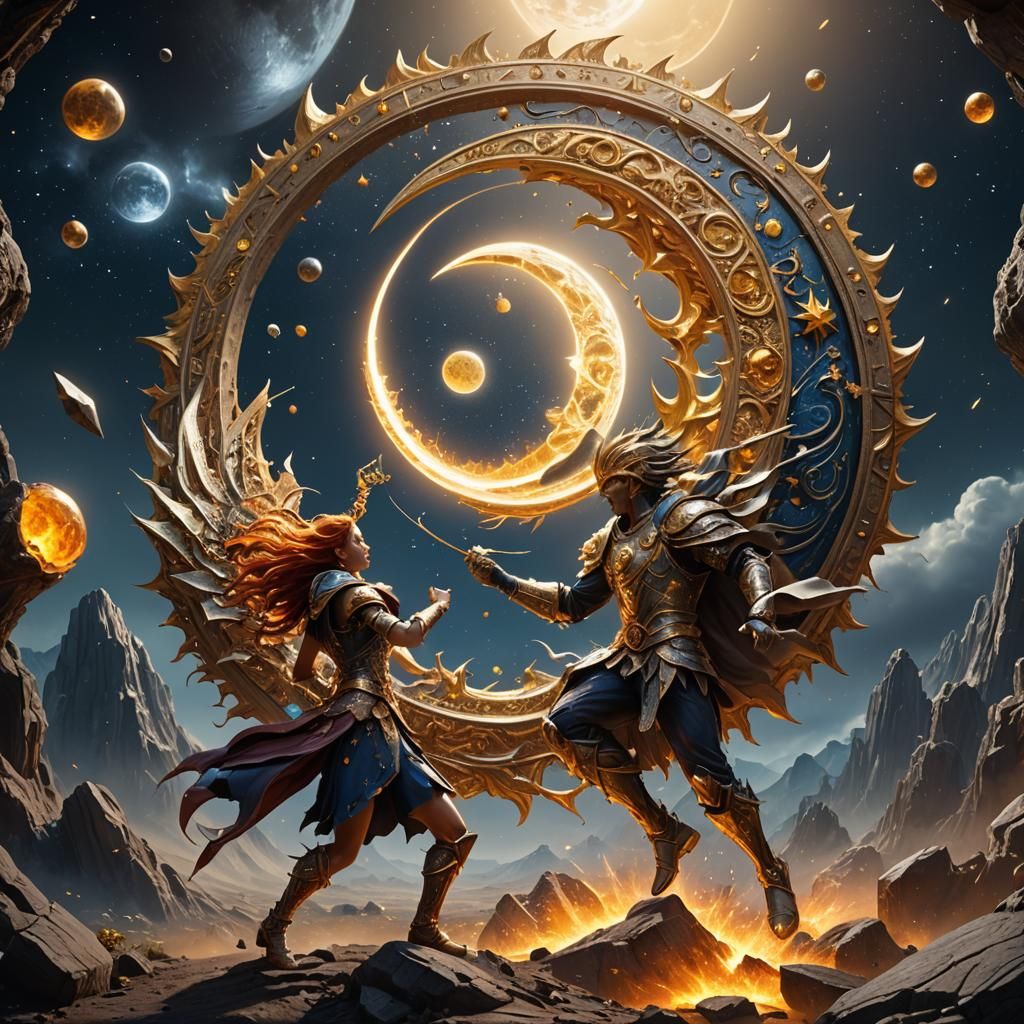 Sun and Moon Celestial Battle: Fantasy Art
