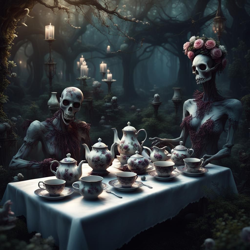 Eerie Tea Party in Shadowy Garden: Digital Illustration