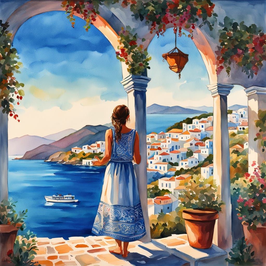 Greek Sunset with Woman in Boho Dress