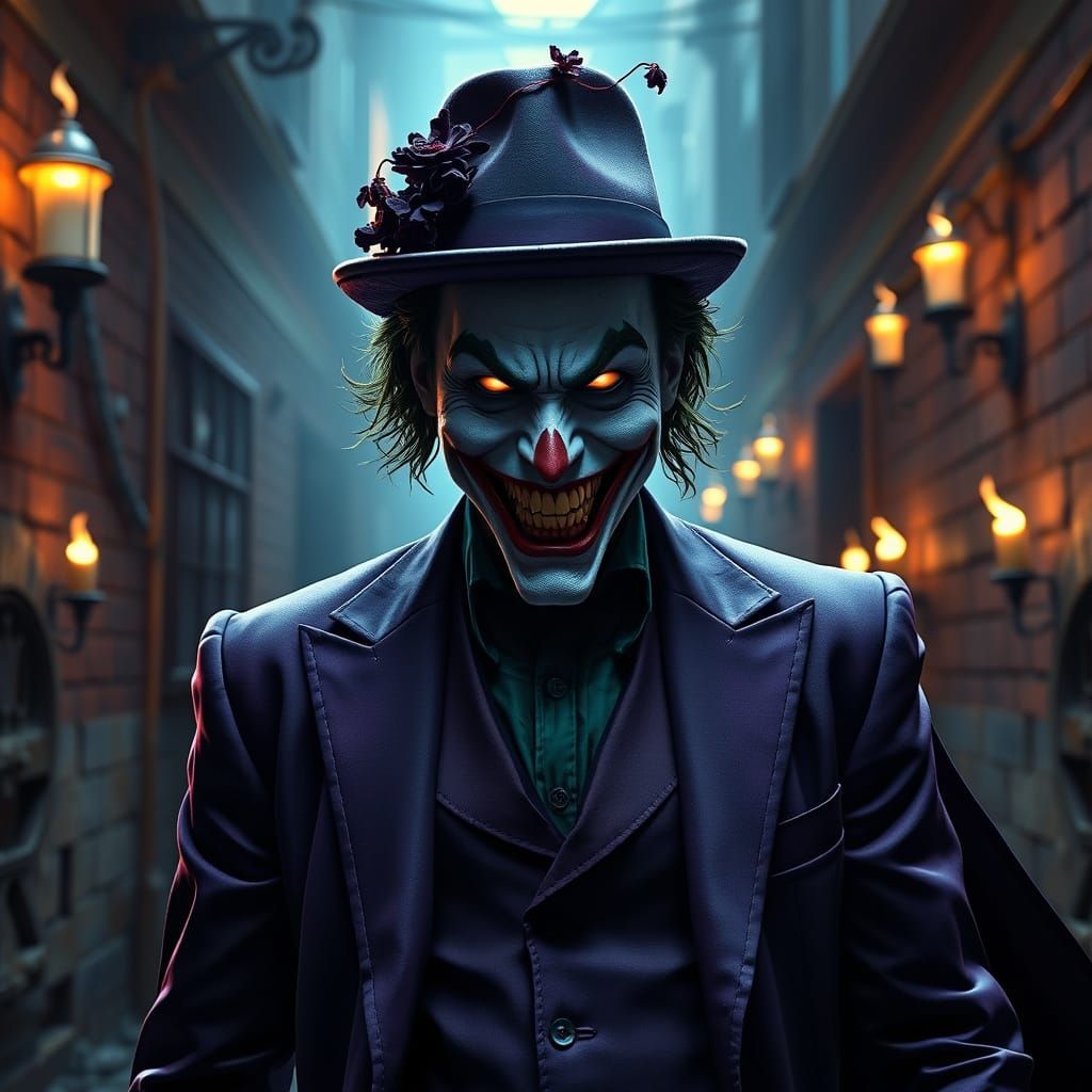Joker's Triumphant Smirk in a Dark, Gothic Alleyway
