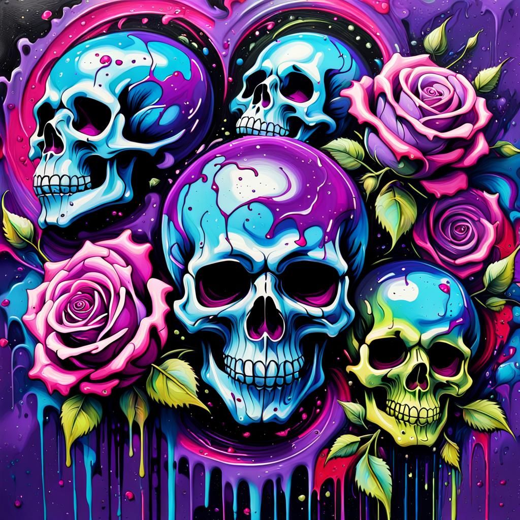 Graffiti Art: Purple Skulls and Roses in Vortex