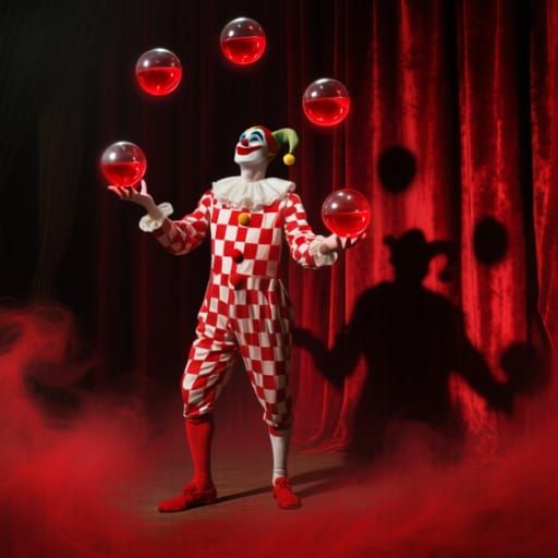 Harlequin Juggles Luminous Blood Balls in Surreal Velvet Are...
