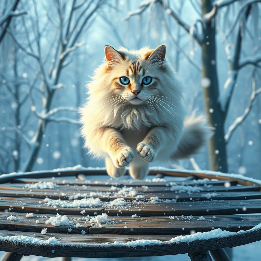 Whimsical Blue-Eyed Cat Springs into Winter Wonderland