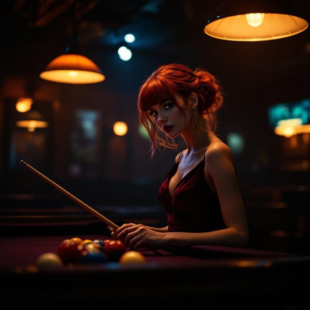 Red-Haired Woman in Dimly Lit Pool Hall