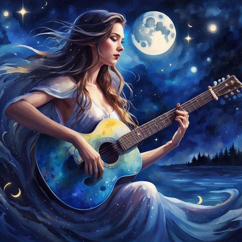 Mystical Girl's Guitar Serenade: Watercolor Art